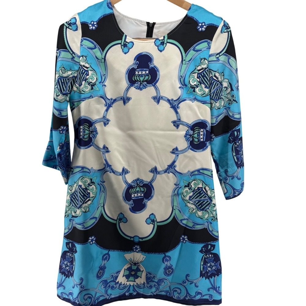 Julie Brown Silk‎ Blue Medallion Print 3/4 Sleeve Shift Dress Size 4 Baroque